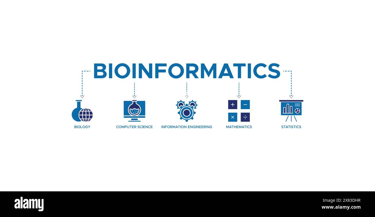 Concept d'illustration vectorielle d'icône Web de bannière bioinformatique avec des icônes de biologie, d'informatique, d'ingénierie de l'information, de mathématiques et de statistiques Illustration de Vecteur