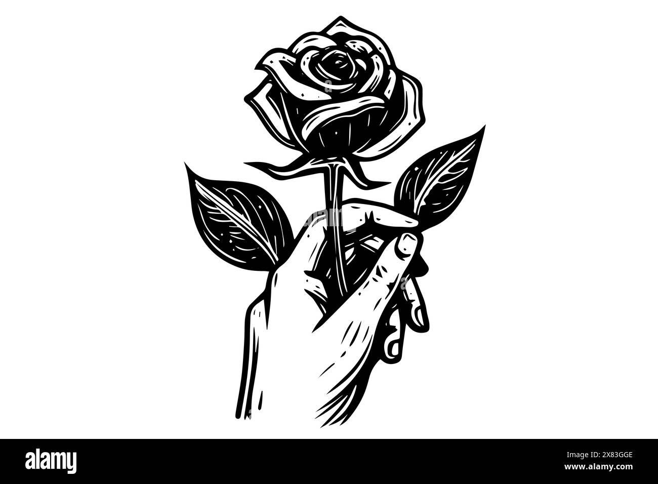 Vintage rose dessinée à la main dans la main : illustration d'impression vectorielle de tatouage noir et blanc. Illustration de Vecteur