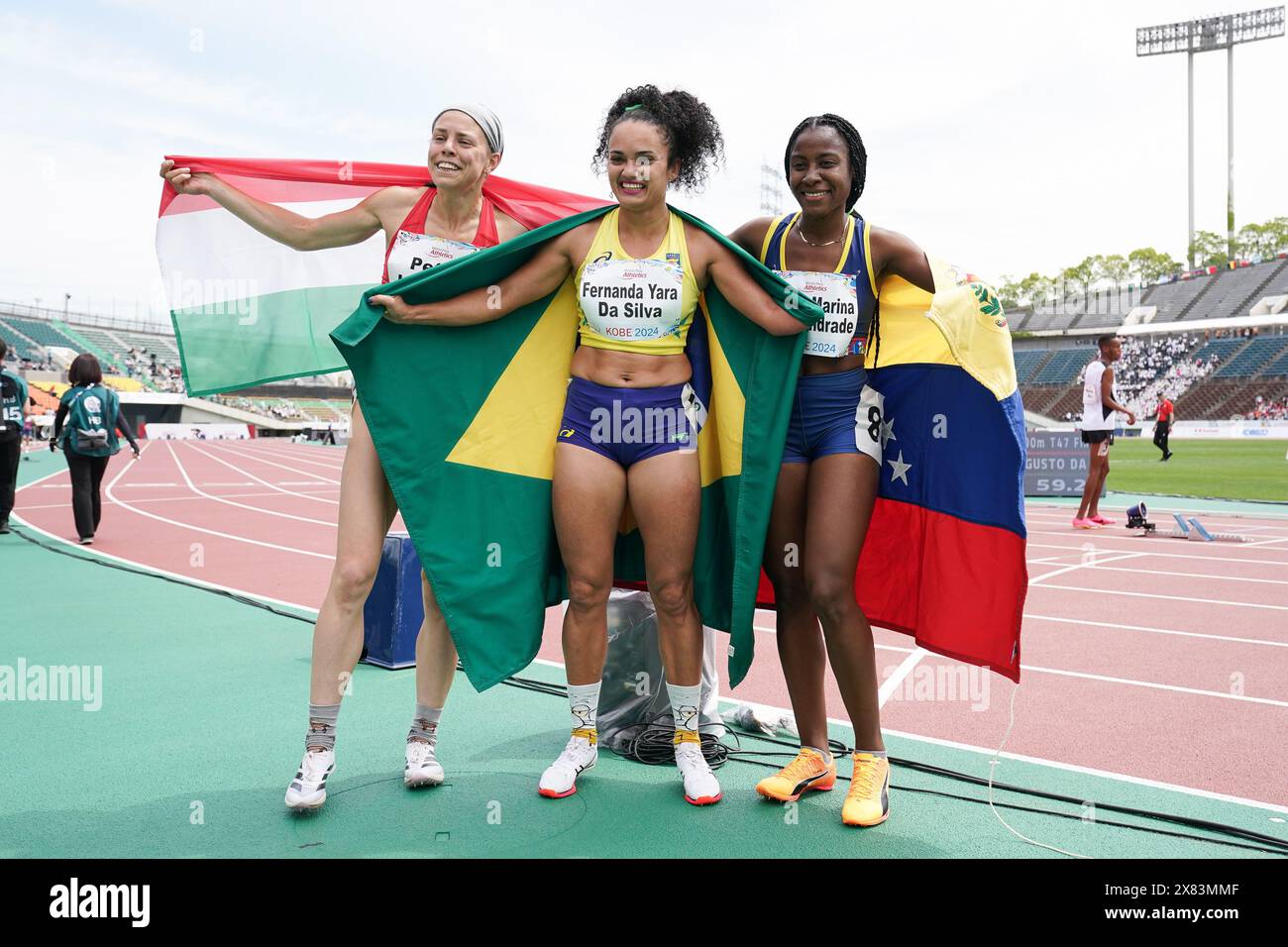 Hyogo, Japon. 22 mai 2024. (G-d) Petra LUTERAN (HUN), Fernanda Yara DA Silva (BRA), Lisbeli Marina VERA ANDRADE (VEN) Athlétisme : Kobe 2024 Championnats du monde de para Athlétisme féminin 400m T47 final au Kobe Universiade Memorial Stadium à Hyogo, Japon . Crédit : AFLO SPORT/Alamy Live News Banque D'Images