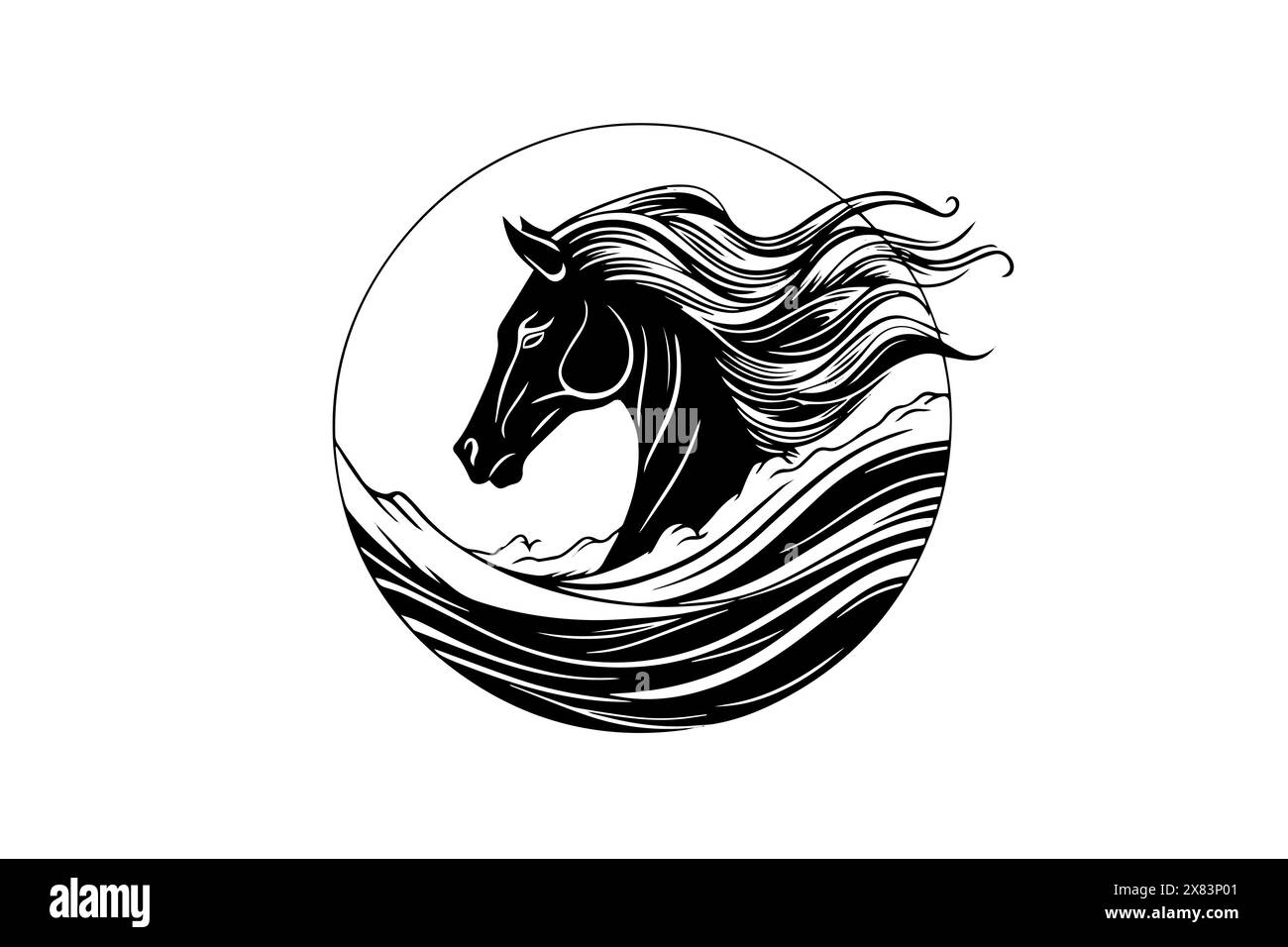 Logotype tête de cheval noir. Esquisse à l'encre dessinée à la main de style gravé. Illustration de Vecteur