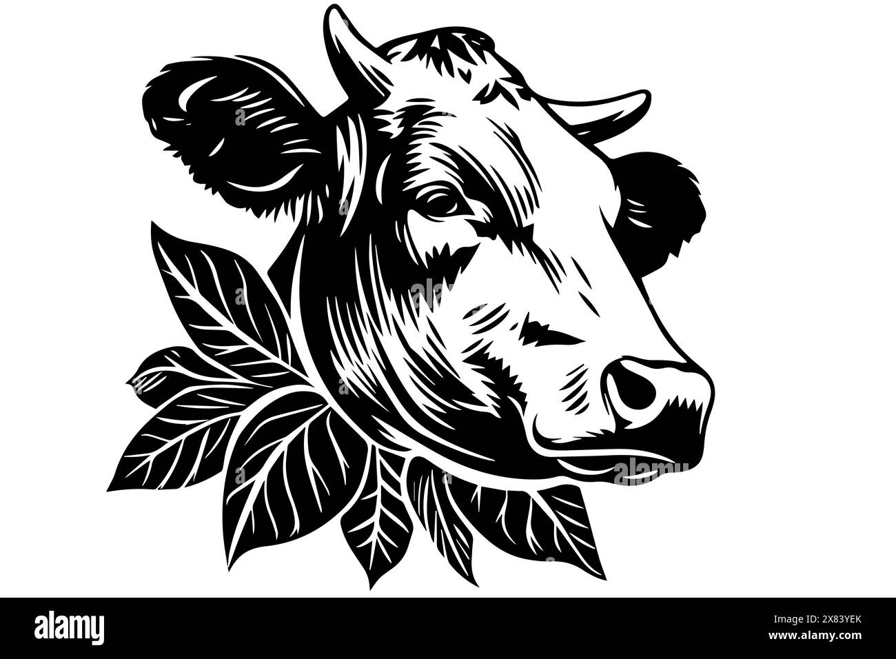 Tête de vache vintage avec fleurs logo : illustration vectorielle dessinée à la main de Dairy Majesty. Illustration de Vecteur