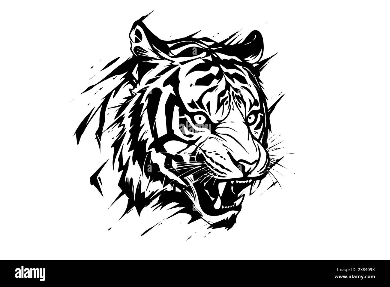 Illustration vectorielle de tête de tigre sauvage, conception de croquis noir et blanc. Illustration de Vecteur