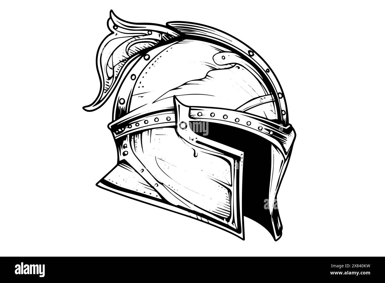 Casque de chevalier dessin à l'encre dessiné à la main. Illustration vectorielle de style gravé. Illustration de Vecteur