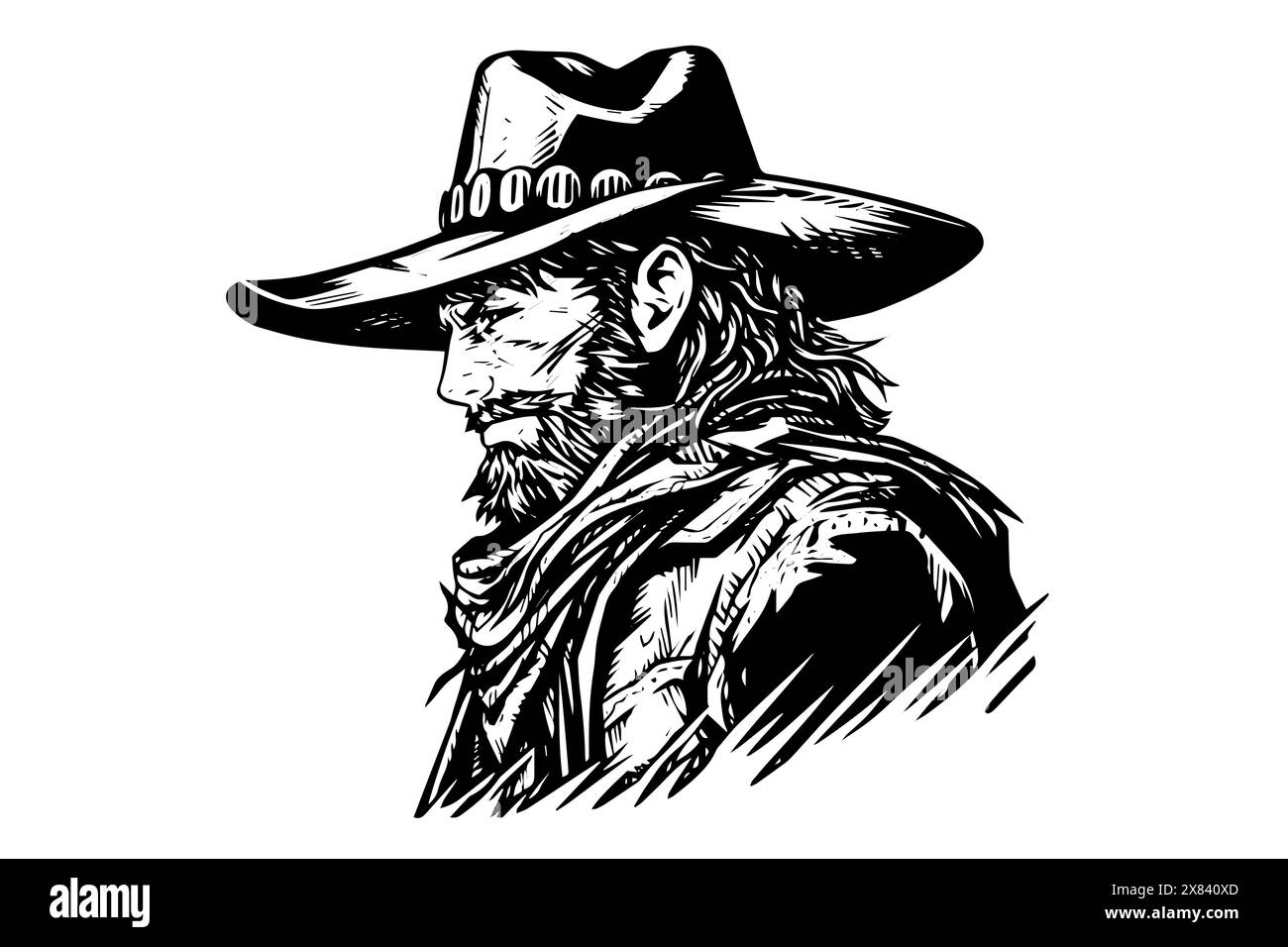 Buste de shérif de cow-boy ou tête sur chapeau dans le style de gravure. Croquis à l'encre dessiné à la main. Illustration vectorielle. Illustration de Vecteur