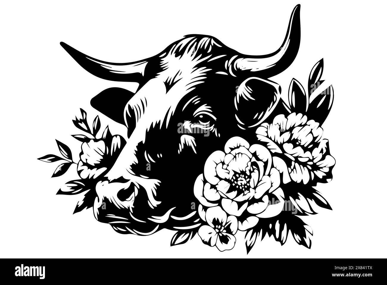 Tête de vache vintage avec fleurs logo : illustration vectorielle dessinée à la main de Dairy Majesty. Illustration de Vecteur