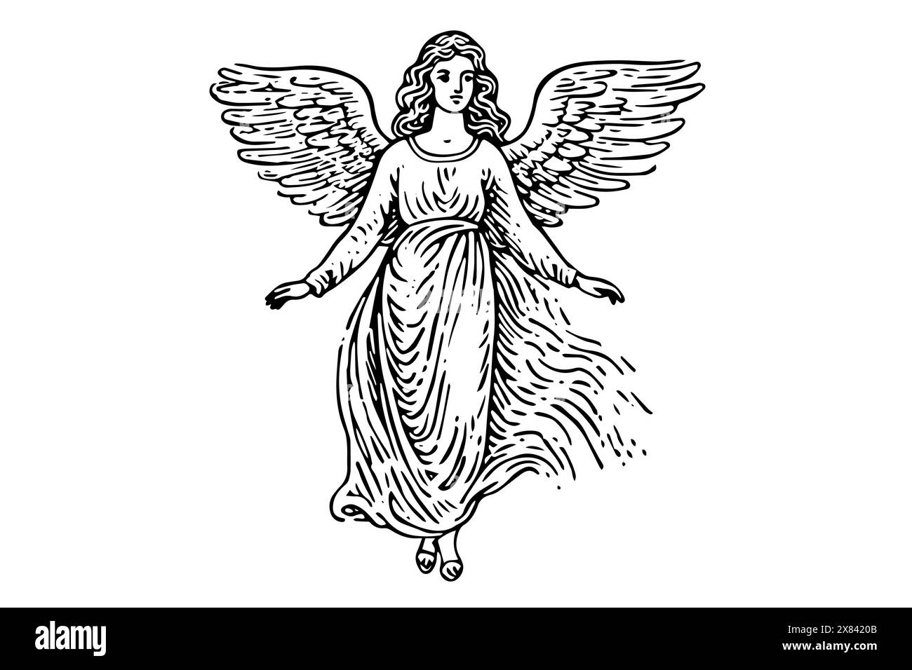 Vintage Angel Vector illustration : esquisse antique d'une statue volante. Femme gravant. Illustration de Vecteur