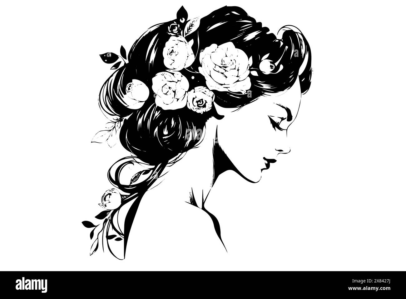 Femme avec des fleurs dans les cheveux dessin à l'encre dessiné à la main. Portrait vectoriel de style gravé. Illustration de Vecteur