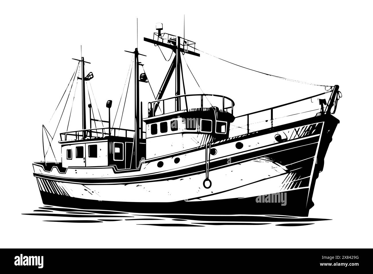 Esquisse de vecteur de super bateau de pêche. Dessin manuel de croisière en mer. Mega Boat. Illustration de Vecteur