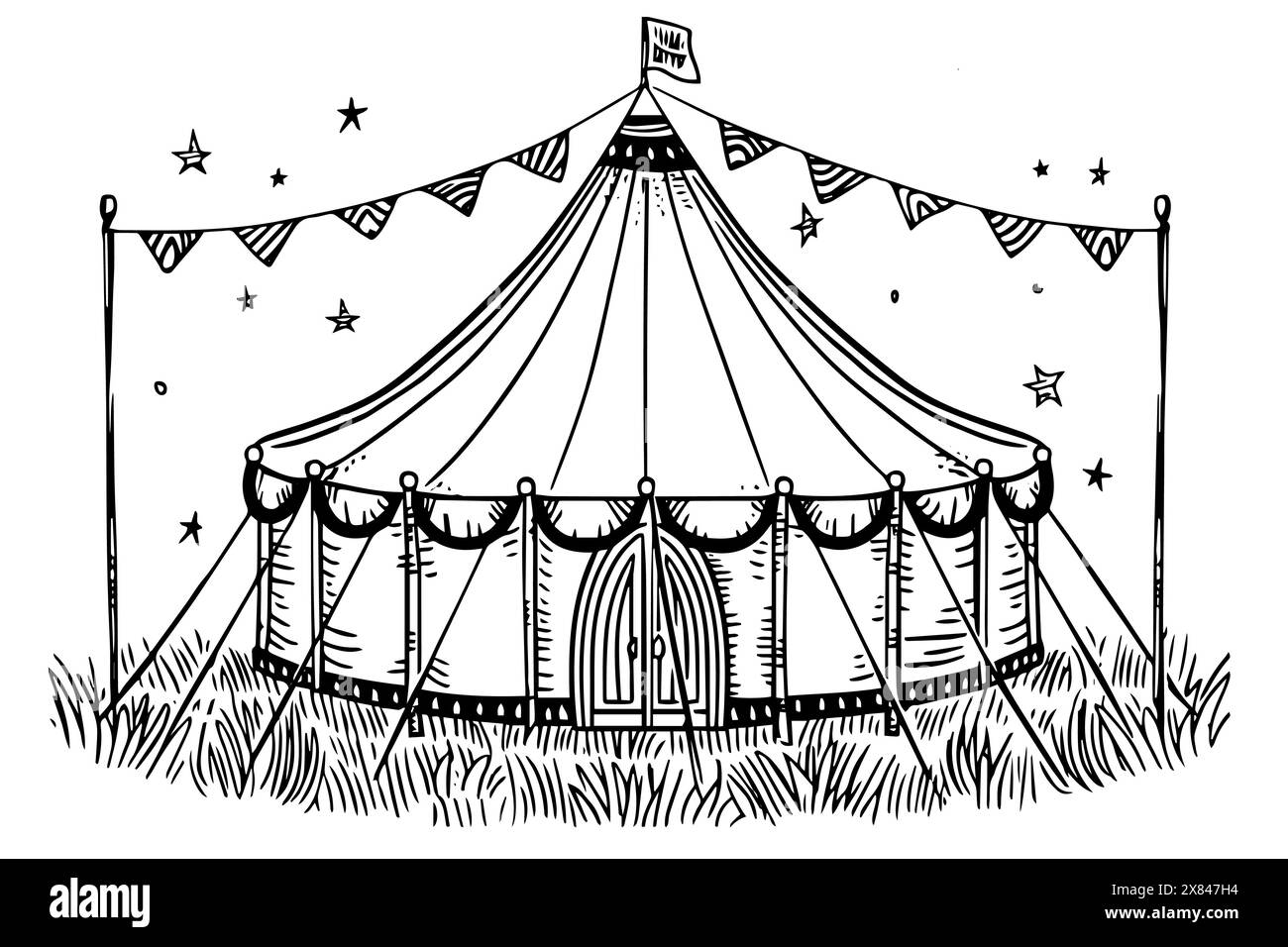 Tente de marquise de cirque rétro avec drapeau dessiné à la main dessin à l'encre. Illustration vectorielle de style de gravure. Illustration de Vecteur