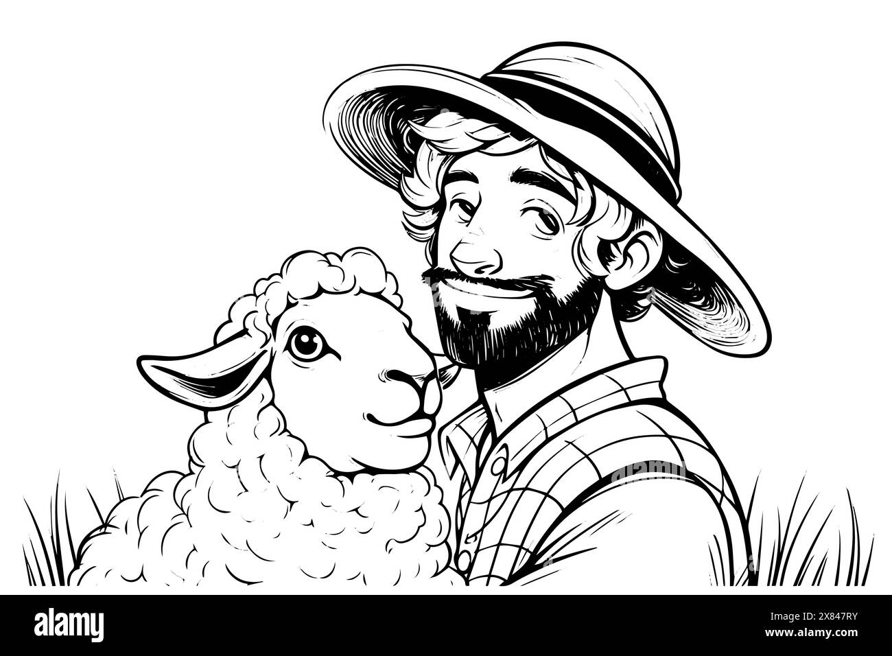 Moutons et fermiers câlins sur l'illustration du champ. Esquisse vectorielle de logo d'icône d'agriculture. Illustration de Vecteur