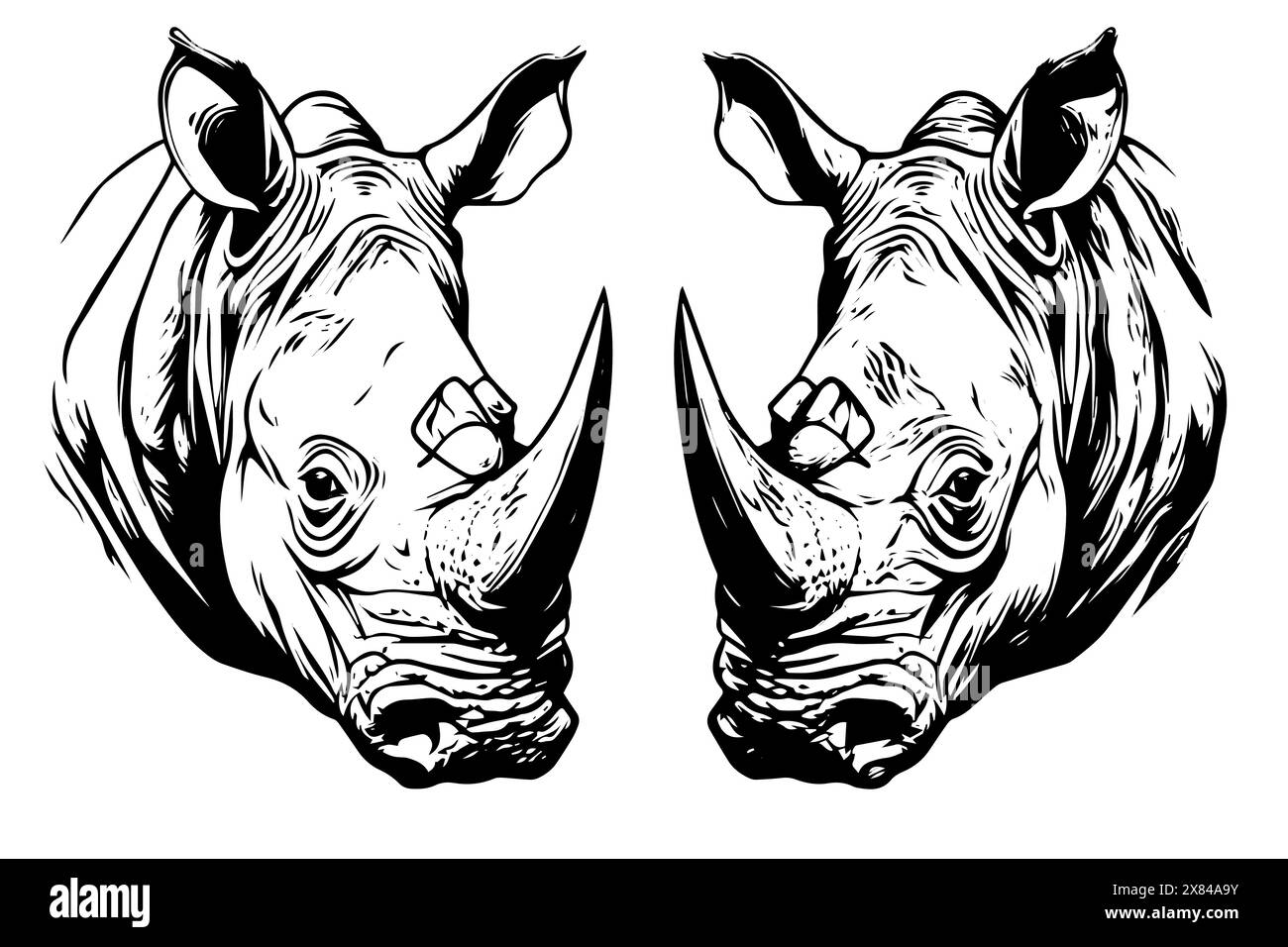 Logotype à l'encre dessiné à la main de la tête de mascotte Rhino. Croquis de style gravé. Illustration vectorielle. Illustration de Vecteur Logotype à l'encre dessiné à la main de la tête de mascotte Rhino. Croquis de style gravé. Illustration vectorielle. Illustration de Vecteur