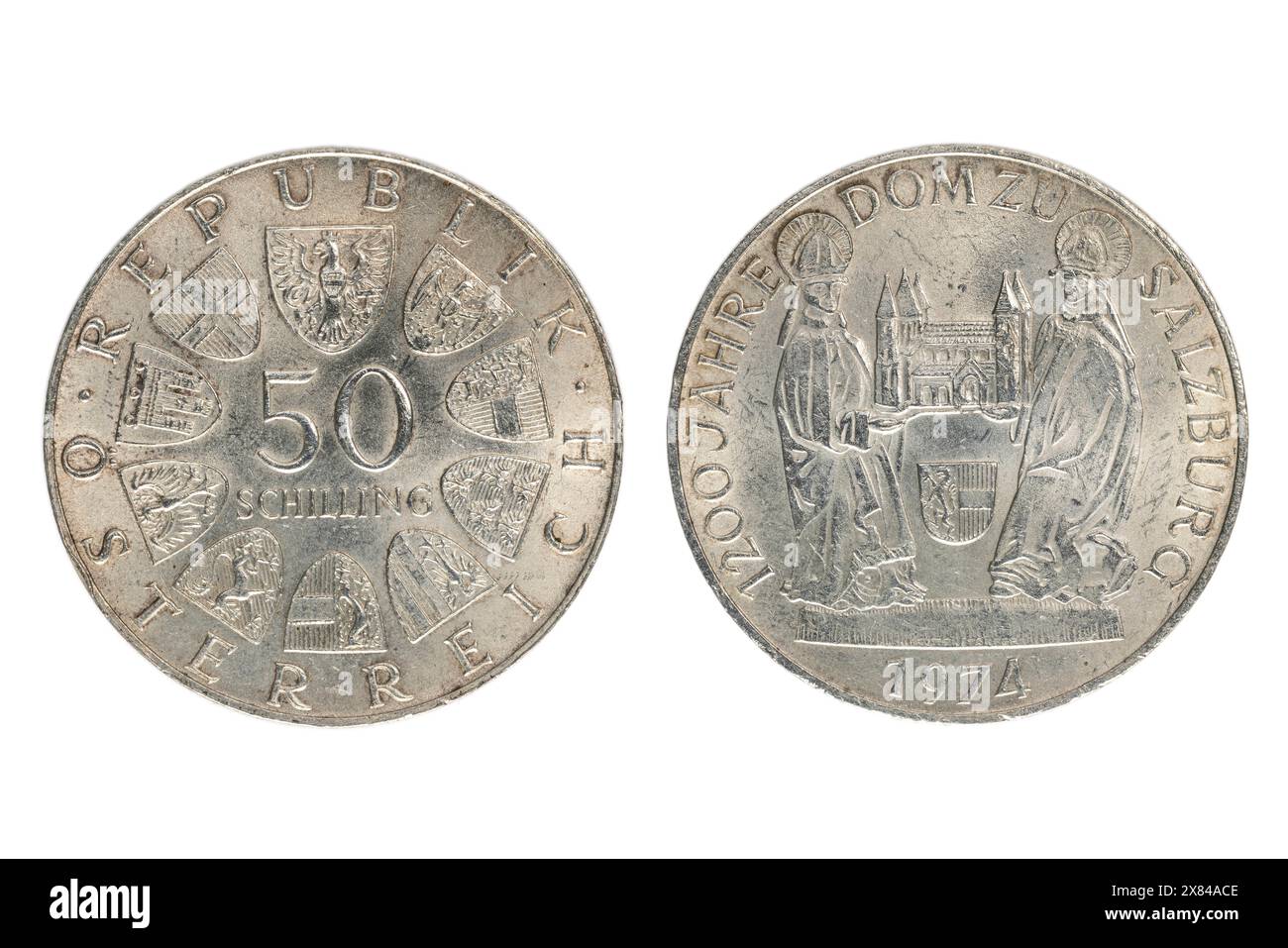 Pièce autrichienne en argent de 50 Schilling de 1974 avec cathédrale de Salzbourg et armoiries, avers et revers Banque D'Images