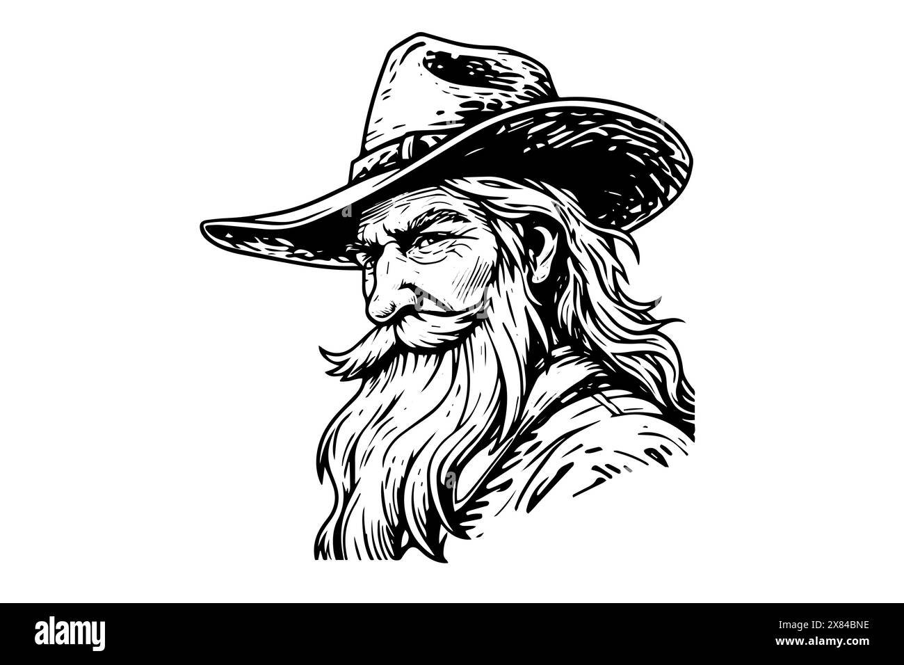 Vieux buste de cow-boy ou tête sur chapeau dans le style de gravure. Croquis à l'encre dessiné à la main. Illustration vectorielle. Illustration de Vecteur