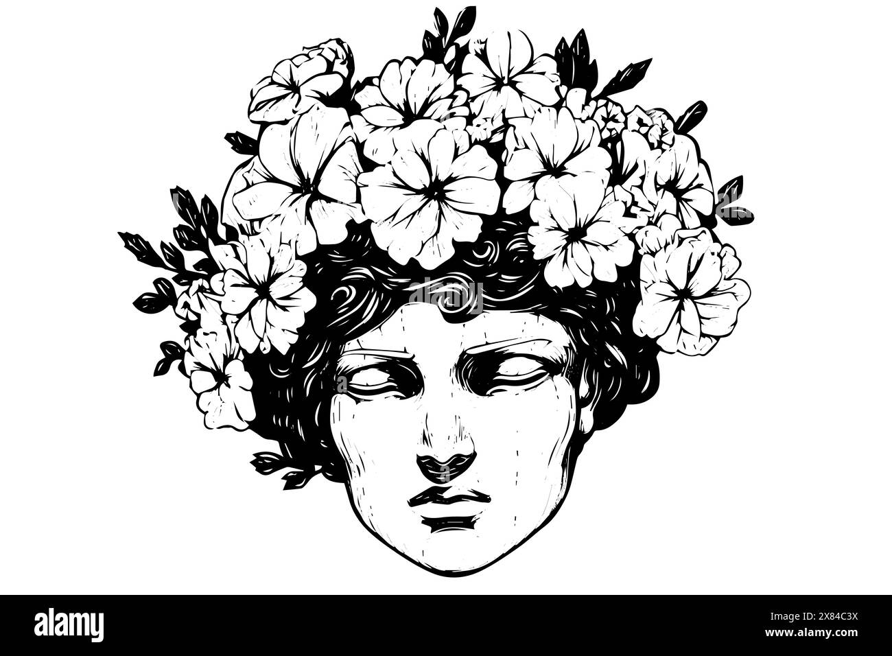 Statue avec des fleurs sur sa tête sur illustration vectorielle de style gravé. Illustration de Vecteur