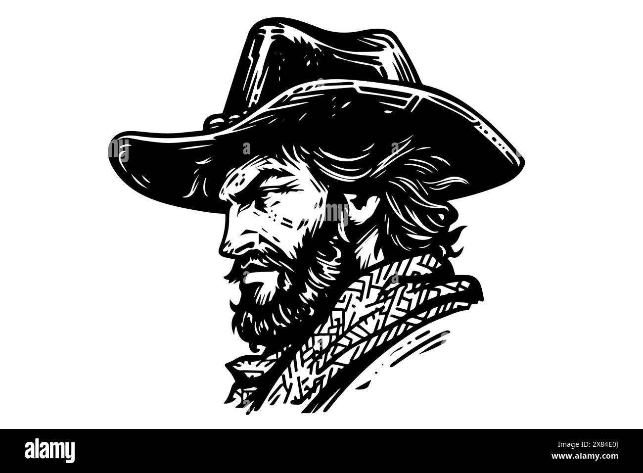 Tête de cow-boy sur chapeau dans le style de gravure. Croquis à l'encre dessiné à la main. Illustration vectorielle. Illustration de Vecteur