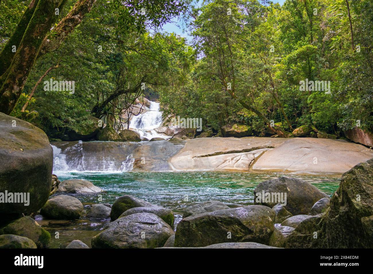 Il y a une passerelle jusqu'au sommet de Josephine Falls depuis la piscine rocheuse au niveau inférieur de cette cascade à plusieurs niveaux dans l'extrême nord du Queensland Banque D'Images