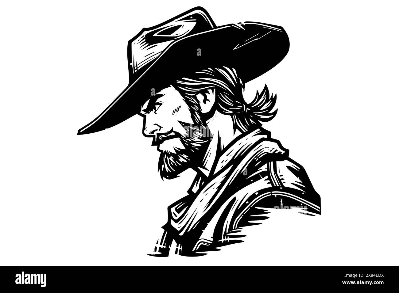 Tête de cow-boy sur chapeau dans le style de gravure. Croquis à l'encre dessiné à la main. Illustration vectorielle. Illustration de Vecteur