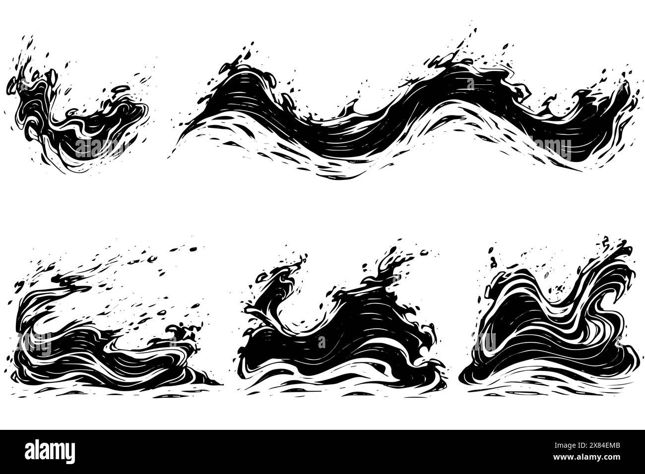 Collection d'esquisses vintage : illustration de style gravé Liquid Wave et Splash Vector. Illustration de Vecteur