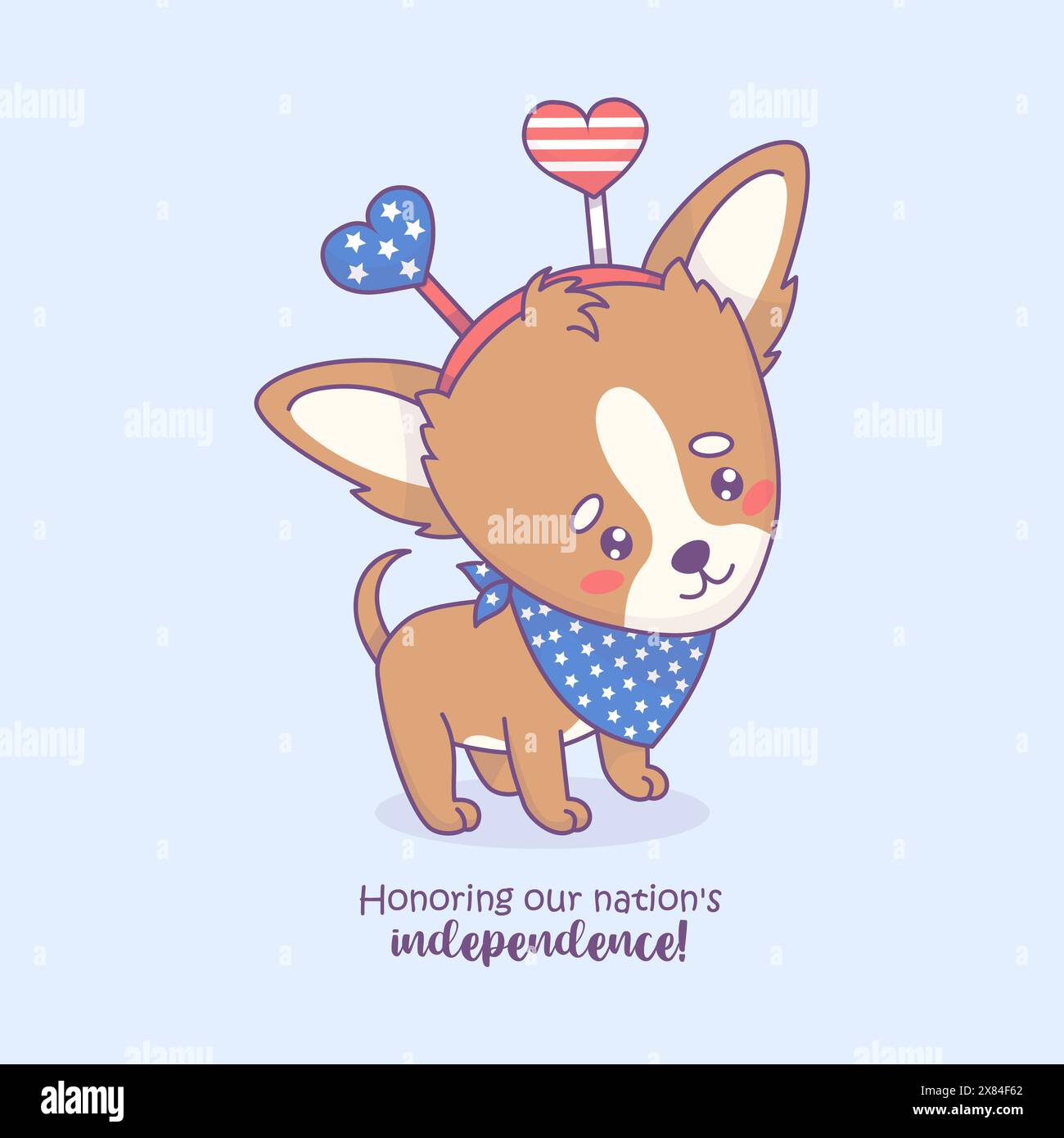 Chien patriotique mignon chihuahua dans les accessoires de vacances en couleurs drapeau américain. Personnage animal kawaii de dessin animé drôle. Carte du jour de l'indépendance américaine Wit Illustration de Vecteur