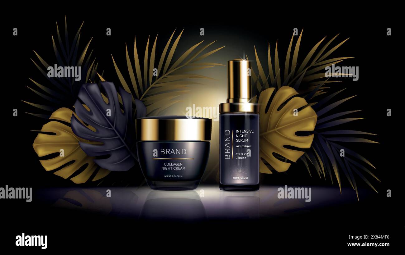 Été nuit soins de la peau cosmétiques vecteur annonces réalistes poster. Flacons violets avec produit cosmétique collagène, paume tropicale dorée noire, feuilles de monstère sur fond sombre. Maquette pour magazine Illustration de Vecteur