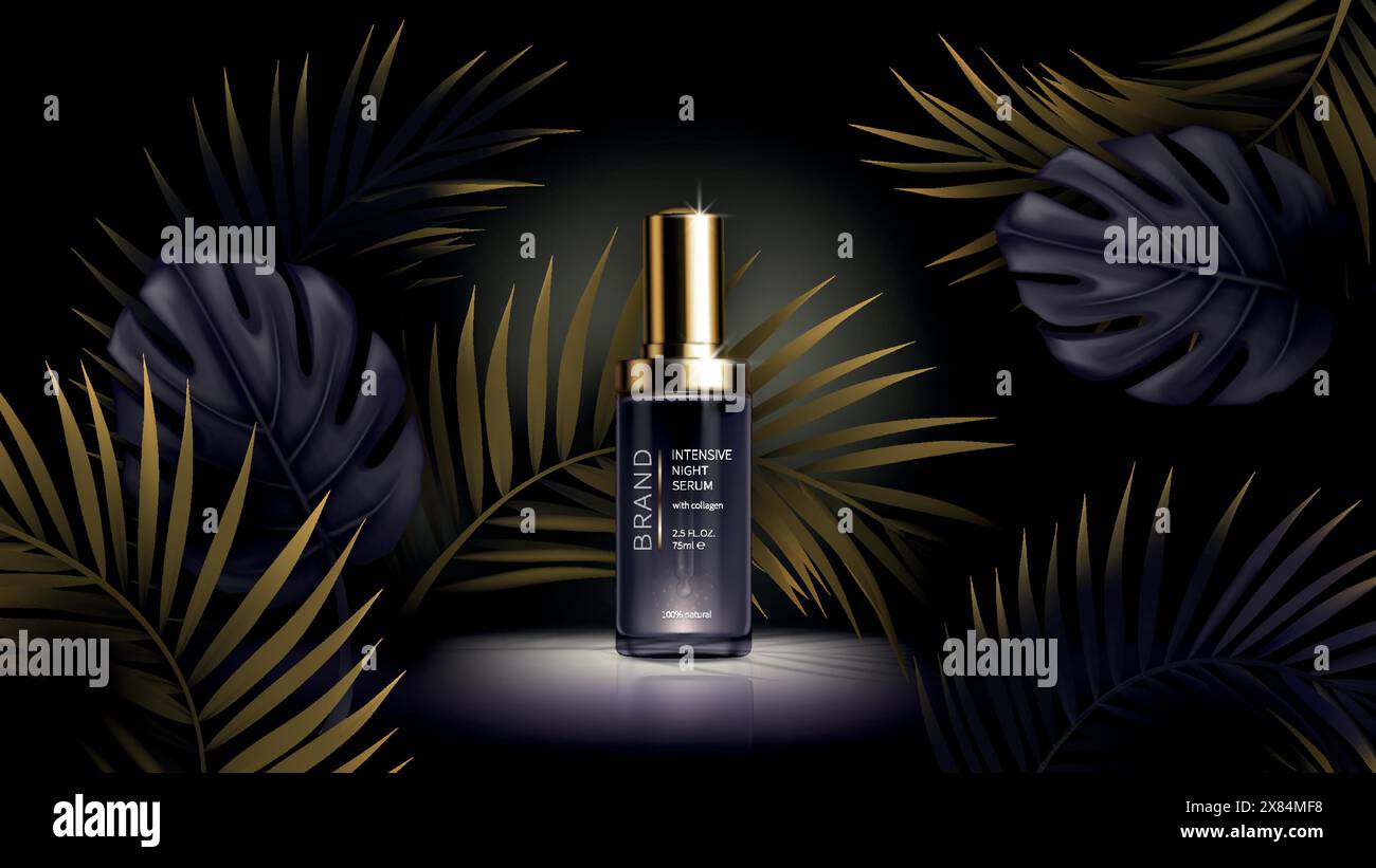 Été nuit soins de la peau cosmétiques vecteur annonces réalistes poster. Flacons violets avec sérum cosmétique collagène, paume tropicale dorée noire, feuilles de monstère sur fond sombre. Maquette pour magazine Illustration de Vecteur
