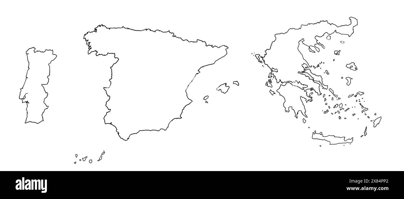 Tracé de contour de l'Espagne, du Portugal et de la Grèce. Illustration cartographique des pays européens. Banque D'Images