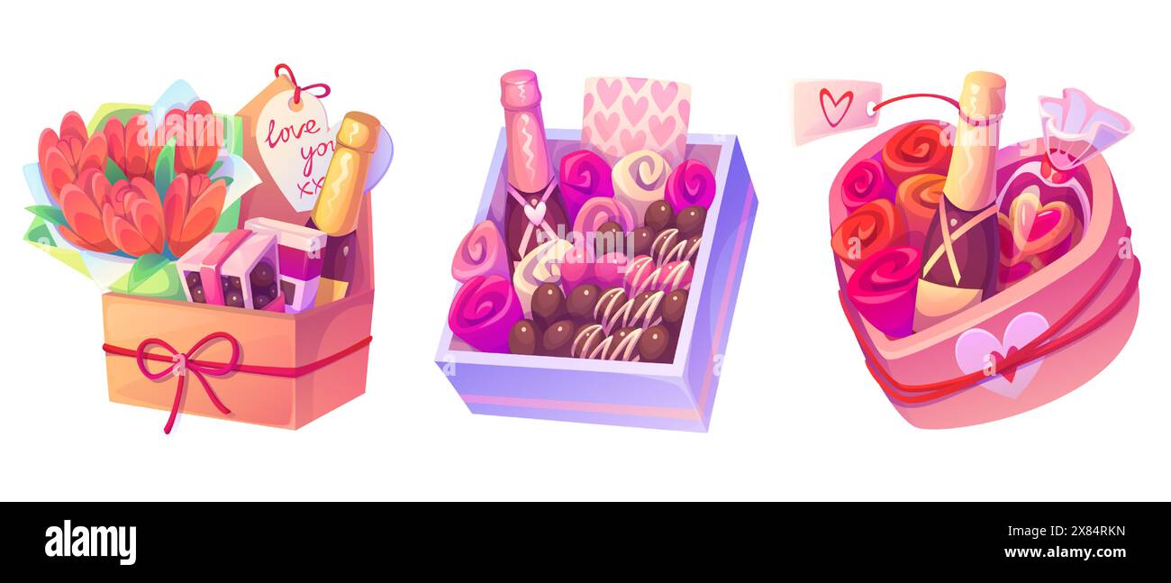 Boîte de bonbons au chocolat pour la Saint-Valentin avec icône de coeur. La nourriture sucrée présente un ensemble de dessins animés isométriques isolés. Mignon élément de bouquet de rose avec praliné à donner pour le 14 février ou anniversaire de mariage. Illustration de Vecteur