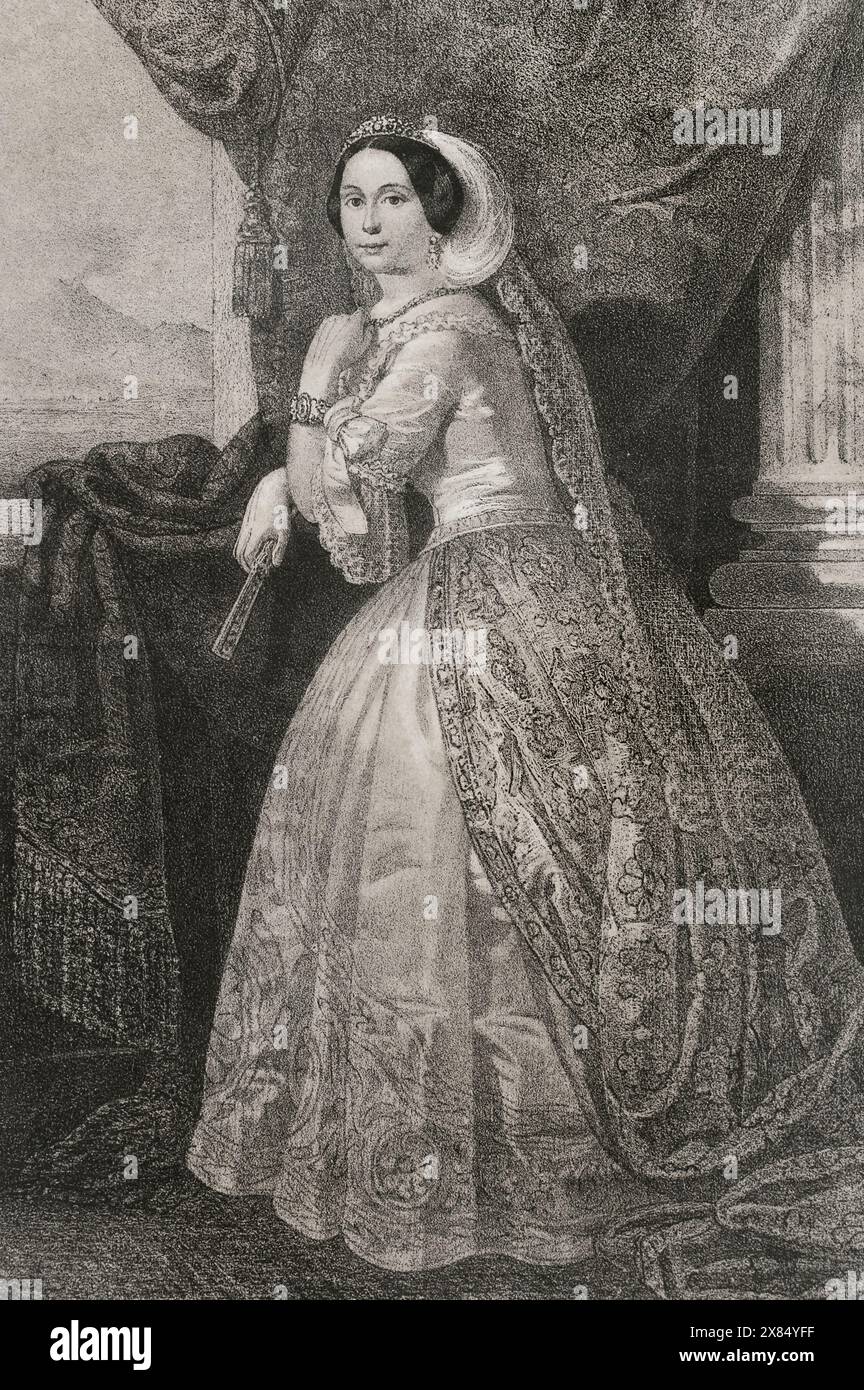 Marie-Thérèse d'Autriche (1816-1867) Archiduchesse d'Autriche. Reine consort des deux-Siciles (1837-1859) par son mariage en 1837 avec le roi Ferdinand II des deux-Siciles (1810-1859), dont elle était la seconde épouse. Portrait. Dessin de B. Blanco. Lithographie de J. Donón. Reyes Contemporáneos (Rois contemporains). Volume III publié à Madrid, 1854. Banque D'Images