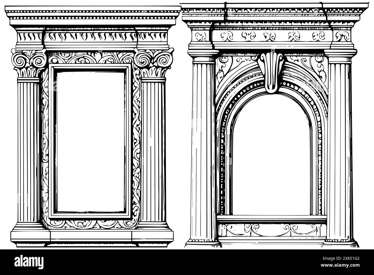 Cadres architecturaux vintage : conceptions d'arche baroque et gothique dans des esquisses vectorielles détaillées. Illustration de Vecteur