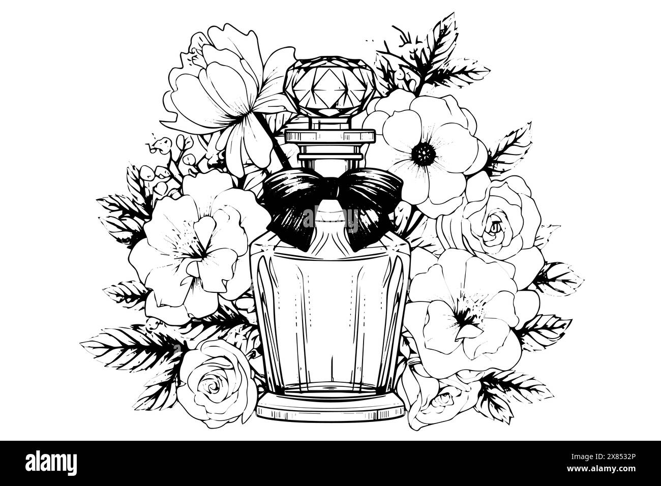 Bouteille de parfum gravée vintage : Flower Blossom Vector Sketch in Crimson logo. Illustration de Vecteur