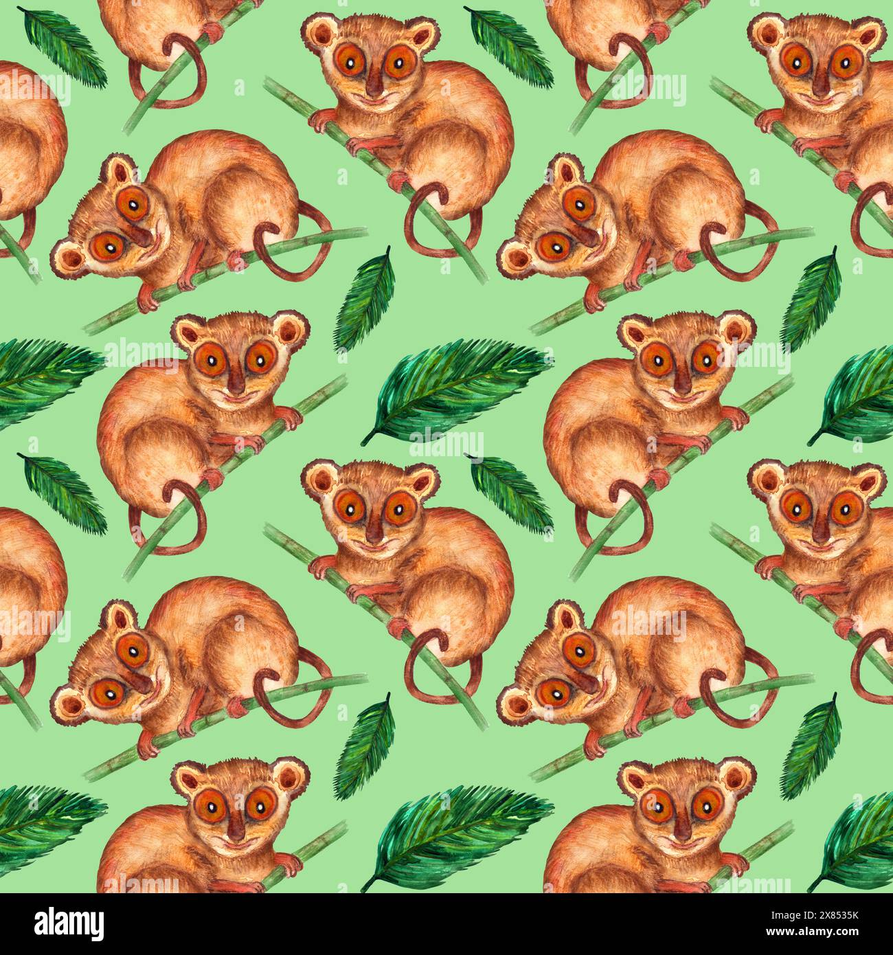 Motif aquarelle sans couture. Nature hyperréaliste des tropiques de l'Asie - tarsier et feuilles de palmier sur un fond vert clair Banque D'Images