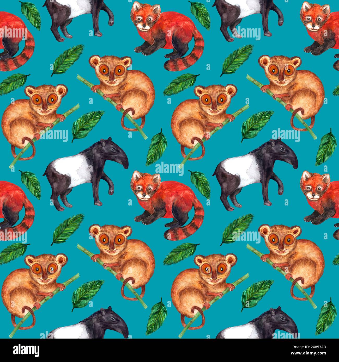 Motif aquarelle sans couture nature hyperréaliste des tropiques de l'Asie - tapir, tarsier, panda rouge et feuilles de palmier sur un fond de couleur bleu-oiseau Banque D'Images