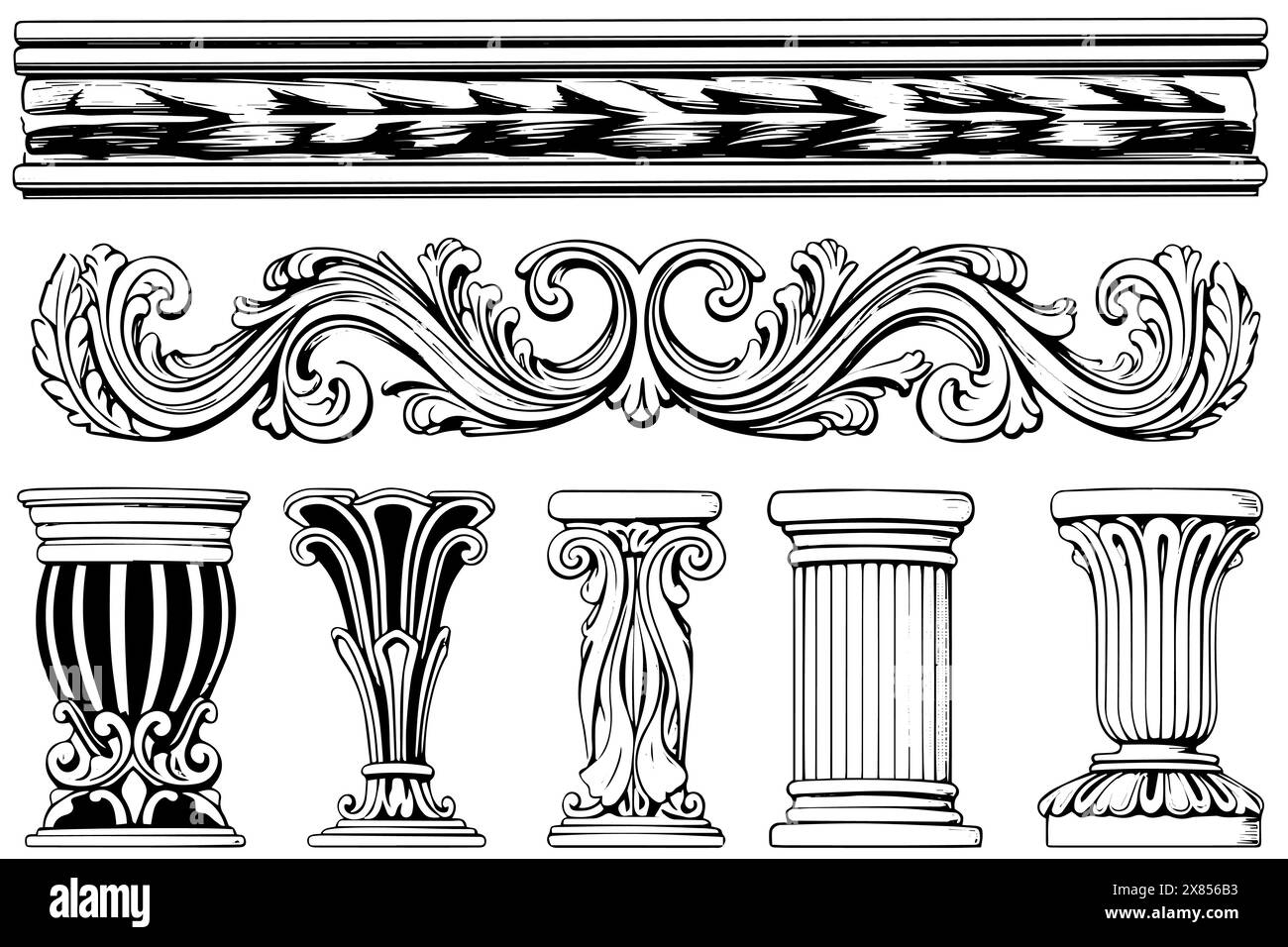 Collection de colonnes anciennes : illustrations vectorielles vintage de l'élément d'architecture romaine et grecque. Illustration de Vecteur