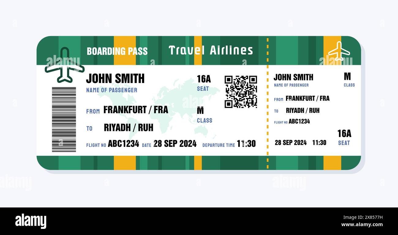 Billet pour Riyad, Arabie Saoudite depuis l'Allemagne. Modèle de carte d'embarquement avec données génériques. Illustration vectorielle de billet d'avion de voyage avec code QR. Illustration de Vecteur