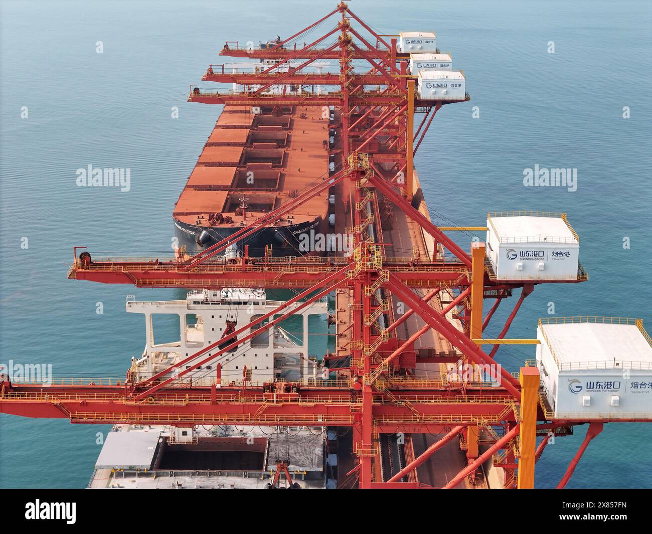 YANTAI, CHINE - 22 MAI 2024 - de grands cargos déchargent du minerai de bauxite importé et du charbon importé dans le port de Yantai, province du Shandong, Chine, le 22 mai Banque D'Images