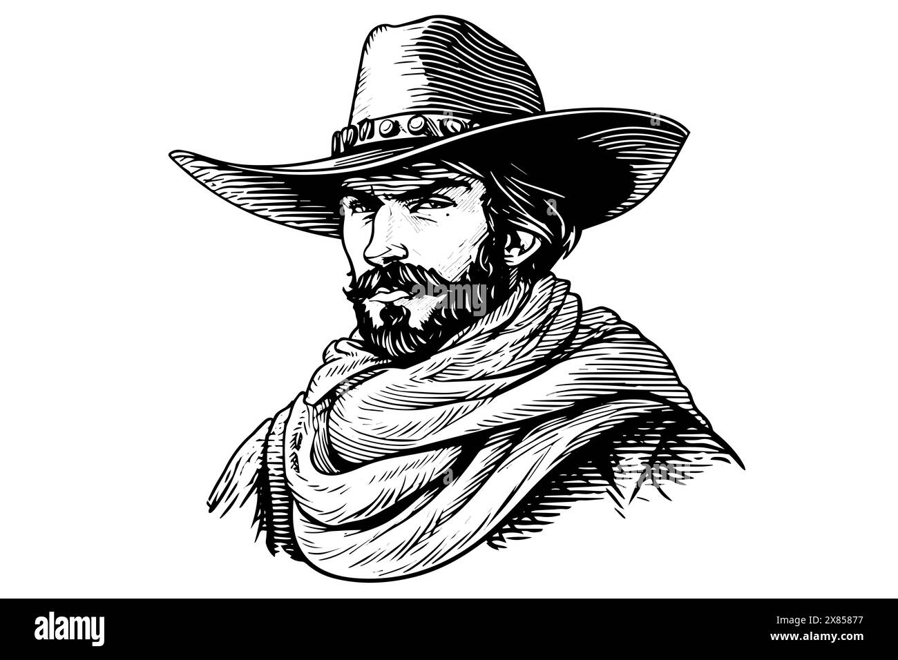 Buste de cow-boy ou tête sur chapeau dans le style de gravure. Croquis à l'encre dessiné à la main. Illustration vectorielle. Illustration de Vecteur
