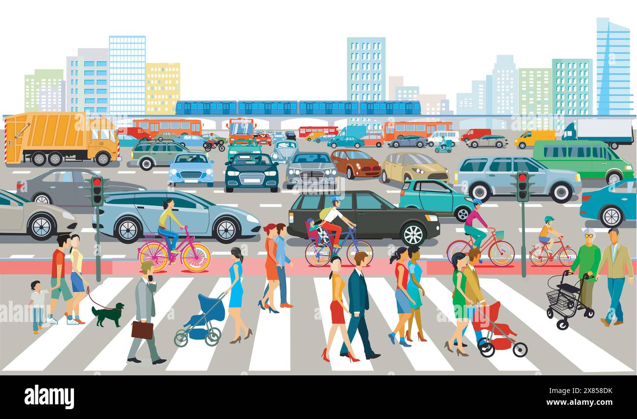 Silhouette de ville d'une ville avec des voitures dans un embouteillage et des gens sur la traversée de zèbre, illustration Illustration de Vecteur
