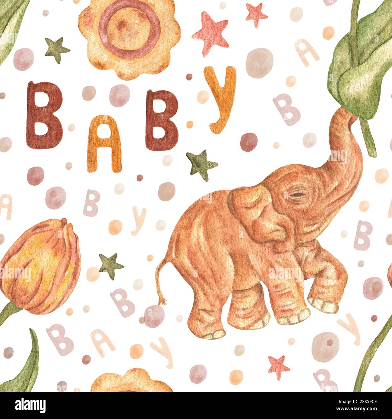 Motif éléphant mignon tenant une grande tulipe, lettrage à la main bébé. Fond avec un motif aquarelle sans couture. Décoration pour la chambre des enfants Banque D'Images