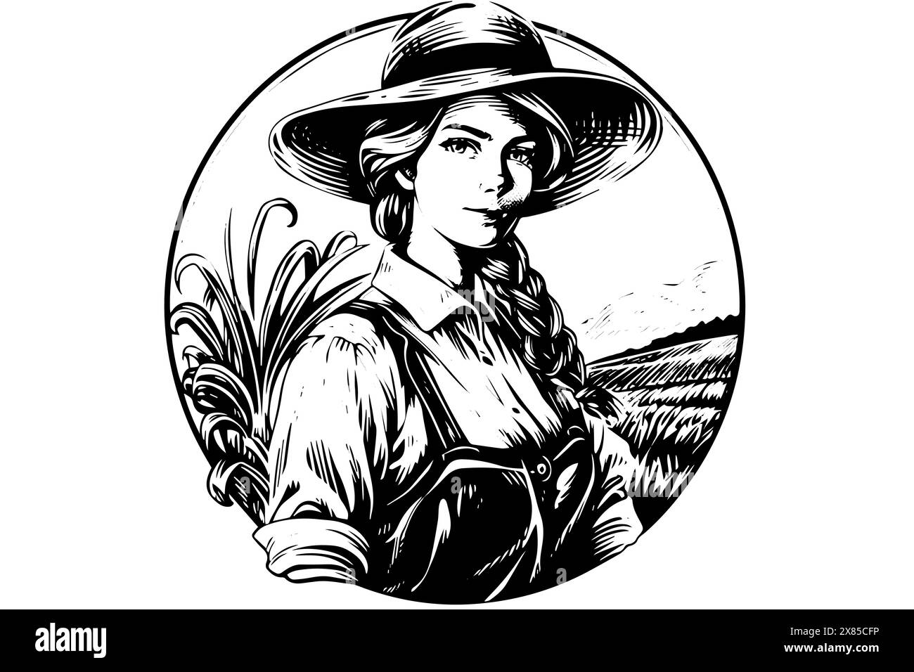 Une femme agricultrice récoltant dans le champ dans le style de gravure. Illustration vectorielle d'esquisse à l'encre de dessin. Illustration de Vecteur