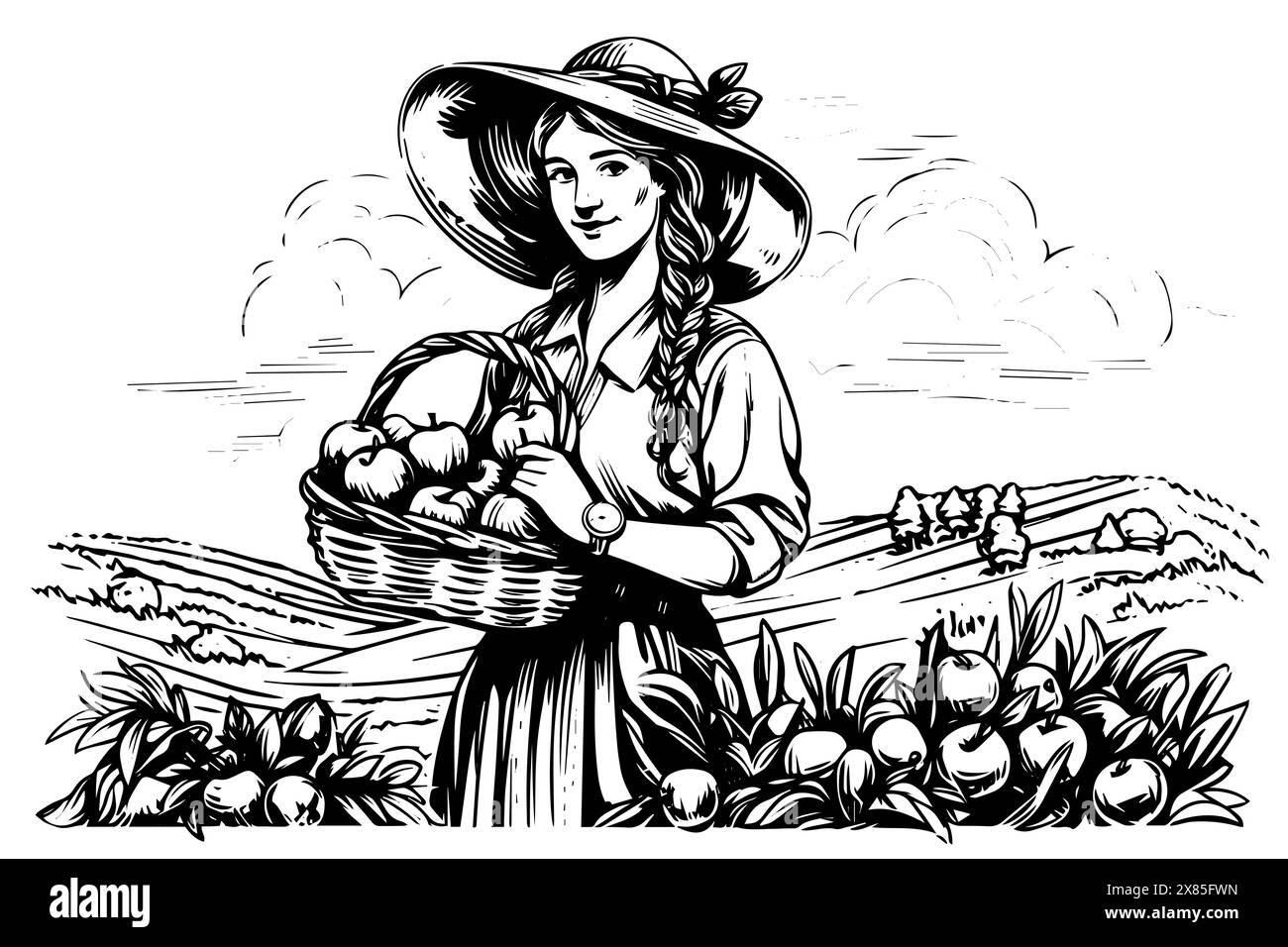 Une femme agricultrice récoltant dans le champ dans le style de gravure. Illustration vectorielle d'esquisse à l'encre de dessin. Illustration de Vecteur