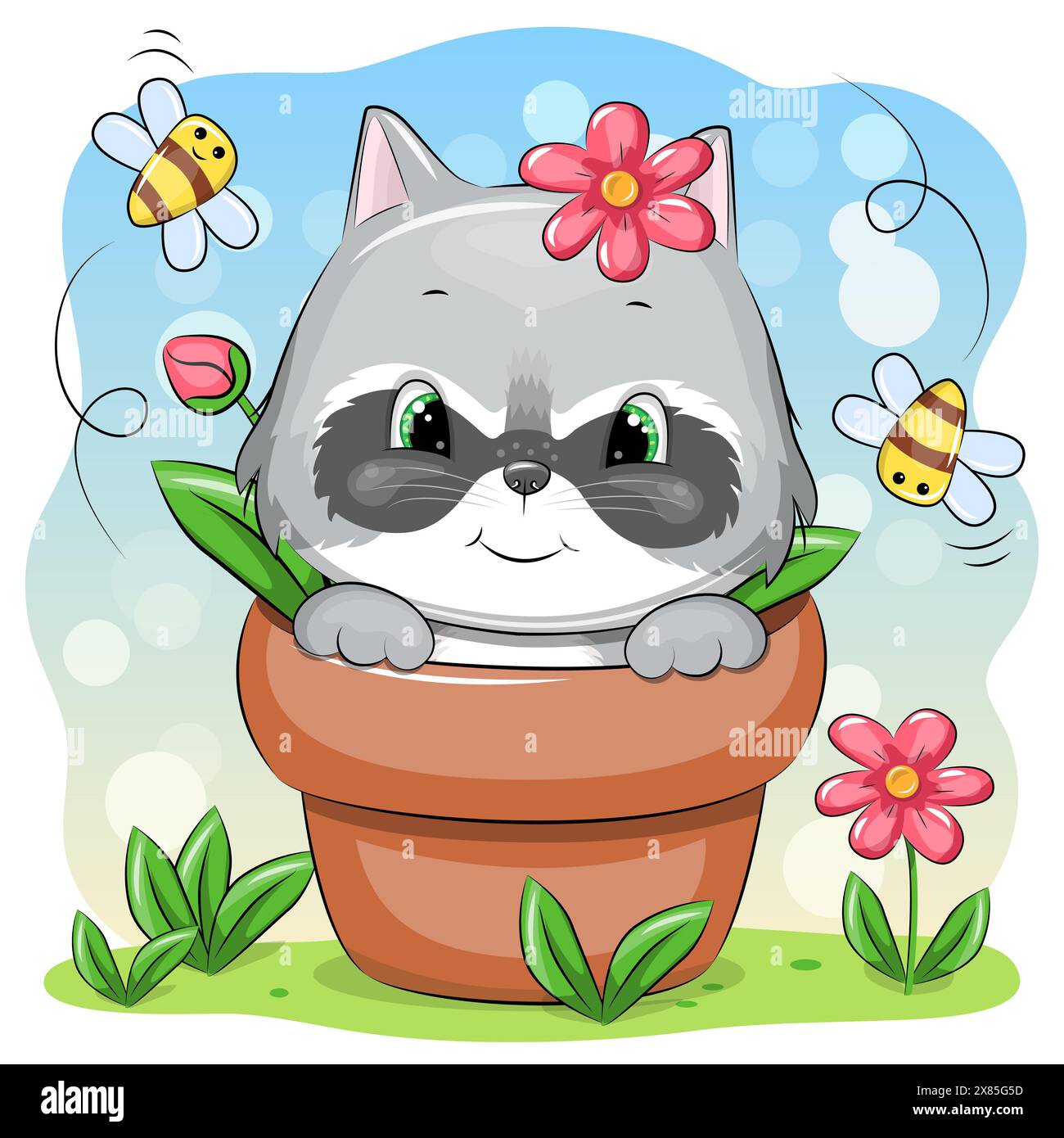 Raton laveur de dessin animé mignon dans un pot de fleurs avec des abeilles et des fleurs. Illustration vectorielle de l'animal dans la nature. Illustration de Vecteur