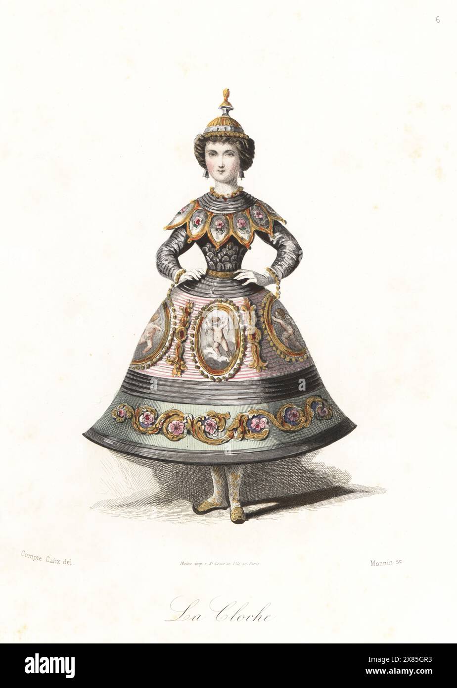 Femme française en costume comme une cloche ornée. En chapeau de cloche, corsage avec des roses brodées, jupes en forme de cloche avec des médaillons de cupidons et tresse d'or. La cloche. Gravure sur acier colorée à la main par Antoine Monnin d'après une illustration de François Claudius compte-Calix tirée des travestissements élégants, Elegant Fancy Dress costumes, les modes Parisiennes, Paris, 1853. Banque D'Images