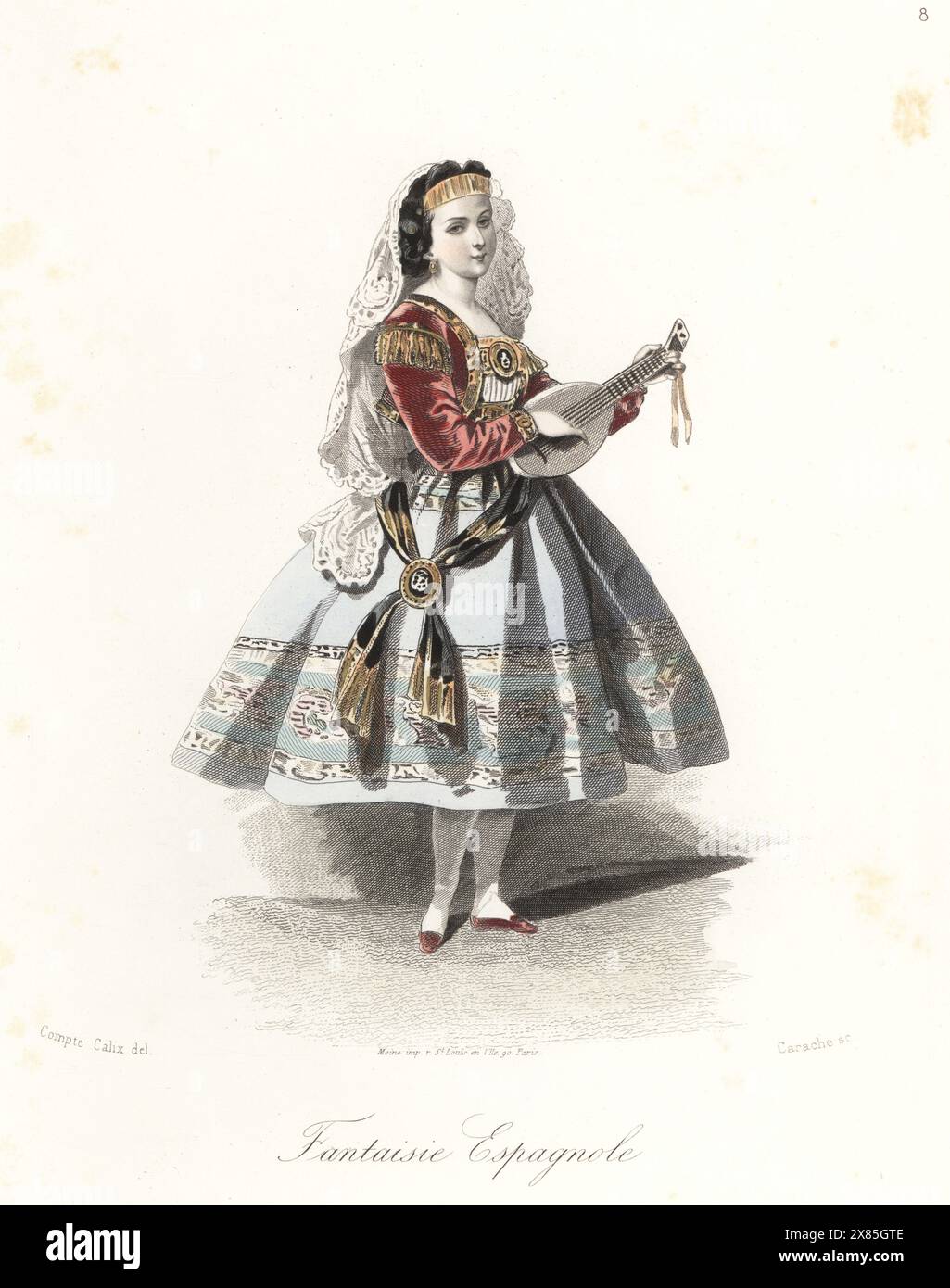 Femme en costume comme un fantasme espagnol. En diadème et voile, corsage aux épaulettes, jupes brodées, écharpe, jouant d'une mandoline. Fantaisie espagnole. Gravure sur acier colorée à la main par A. Carache d'après une illustration de François Claudius compte-Calix tirée des travestissements élégants, élégants costumes de fantaisie, les modes Parisiennes, Paris, 1853. Banque D'Images