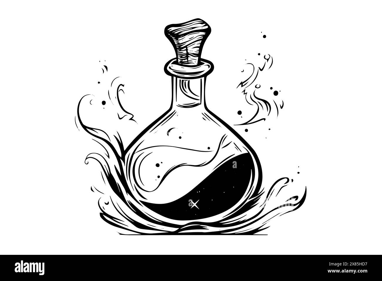 Potion magique dans le croquis vectoriel vintage de bouteille. Elixir scientifique en bécher. Illustration de Vecteur