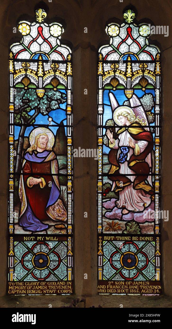Vitraux d'Edwin Horwood représentant l'agonie du Christ dans le jardin, l'église Saint-Manaccus et Saint-Dunstan, Manaccan, Cornouailles Banque D'Images