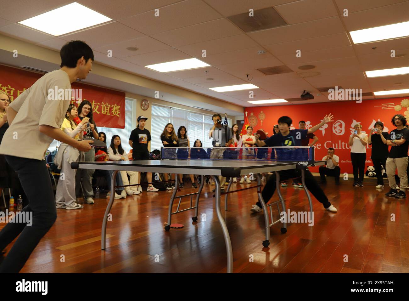 Chicago, États-Unis. 21 mai 2024. Cette photo prise le 21 mai 2024 montre un match de ping-pong lors d'un cours de chinois tenu au Consulat général de Chine à Chicago, aux États-Unis. Quelque 60 lycéens du district de Chicago public School (CPS) ont vécu une expérience d’immersion dans la culture chinoise mardi lors d’un cours de chinois. POUR ALLER AVEC 'Feature : une classe chinoise incroyable pour les étudiants américains' crédit : Wang Li / Xinhua / Alamy Live News Banque D'Images