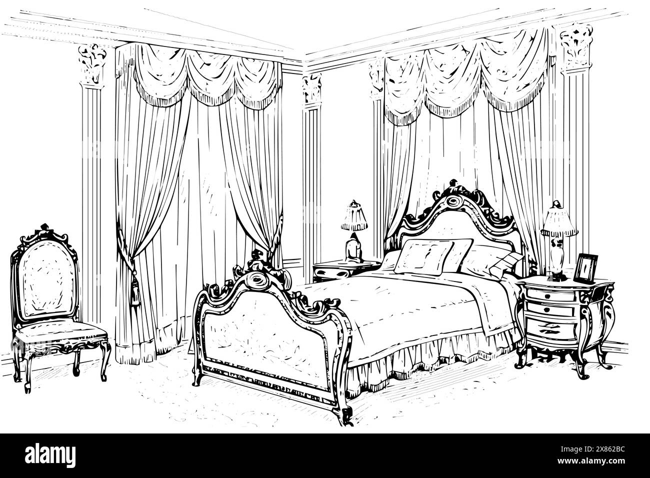 Croquis vectoriel d'intérieur vintage : Design de chambre avec des meubles élégants, salle Vintage. Illustration de Vecteur