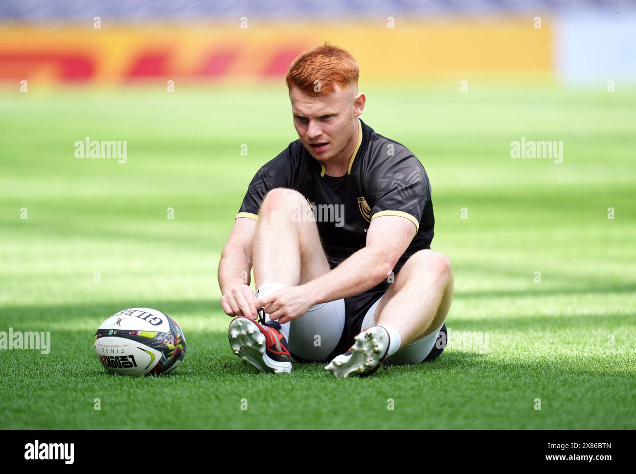 Caolan Englefield de Gloucester Rugby lors d'une course de capitaine au Tottenham Hotspur Stadium, Londres. Gloucester Rugby jouera contre les Hollywoodbet Sharks lors de la finale de L'EPCR Challenge Cup au Tottenham Hotspur Stadium vendredi. Date de la photo : jeudi 23 mai 2024. Banque D'Images