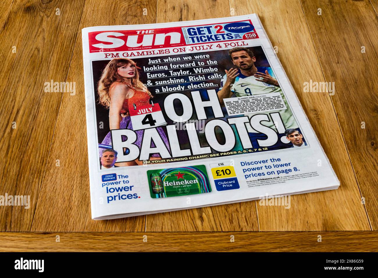 23 mai 2024. Le gros titre du Sun après l'annonce de Rishi Sunak de la date de l'élection générale est Oh Ballots! Elle se tiendra le 4 juillet 2024. Banque D'Images