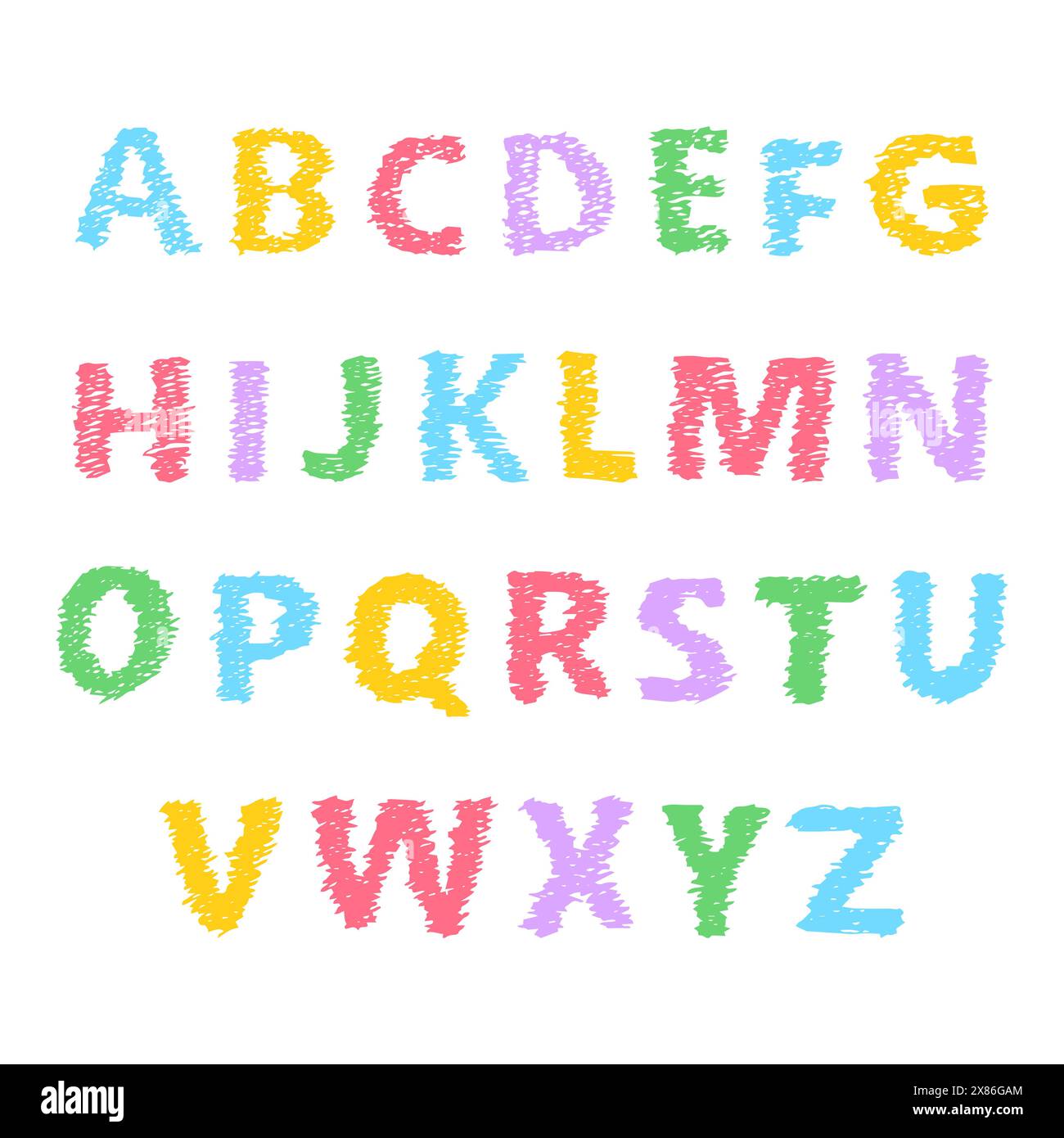 Lettres de l'alphabet latin dessinées à la main. Majuscules modernes police et police de caractères. Symboles multicolores sur fond blanc. Illustration vectorielle. Illustration de Vecteur